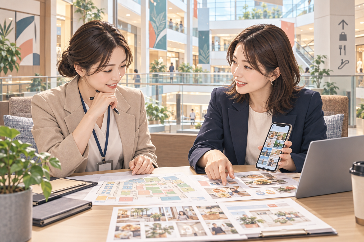 商業施設の館内マップとSNS画面を見ながら相談する二人の女性