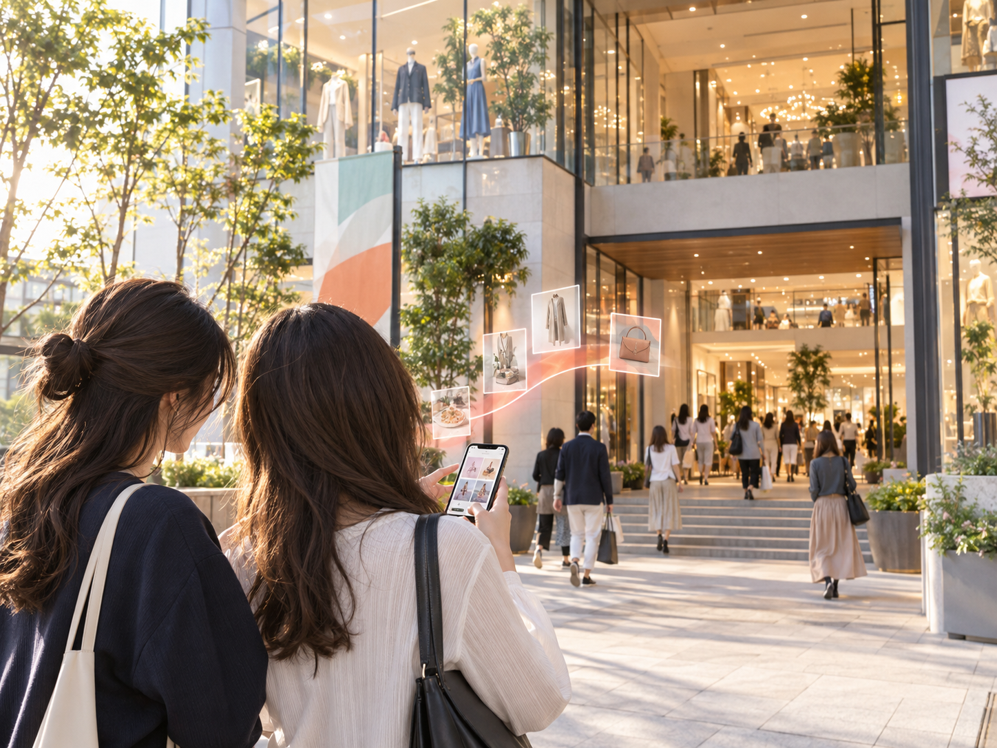スマートフォンで見つけた商業施設へ向かう二人